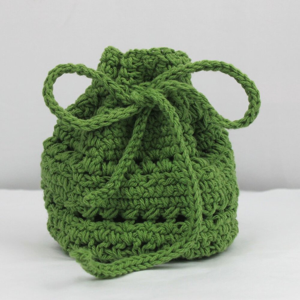 Green Crochet Patterned Drawstring Pouch Bag